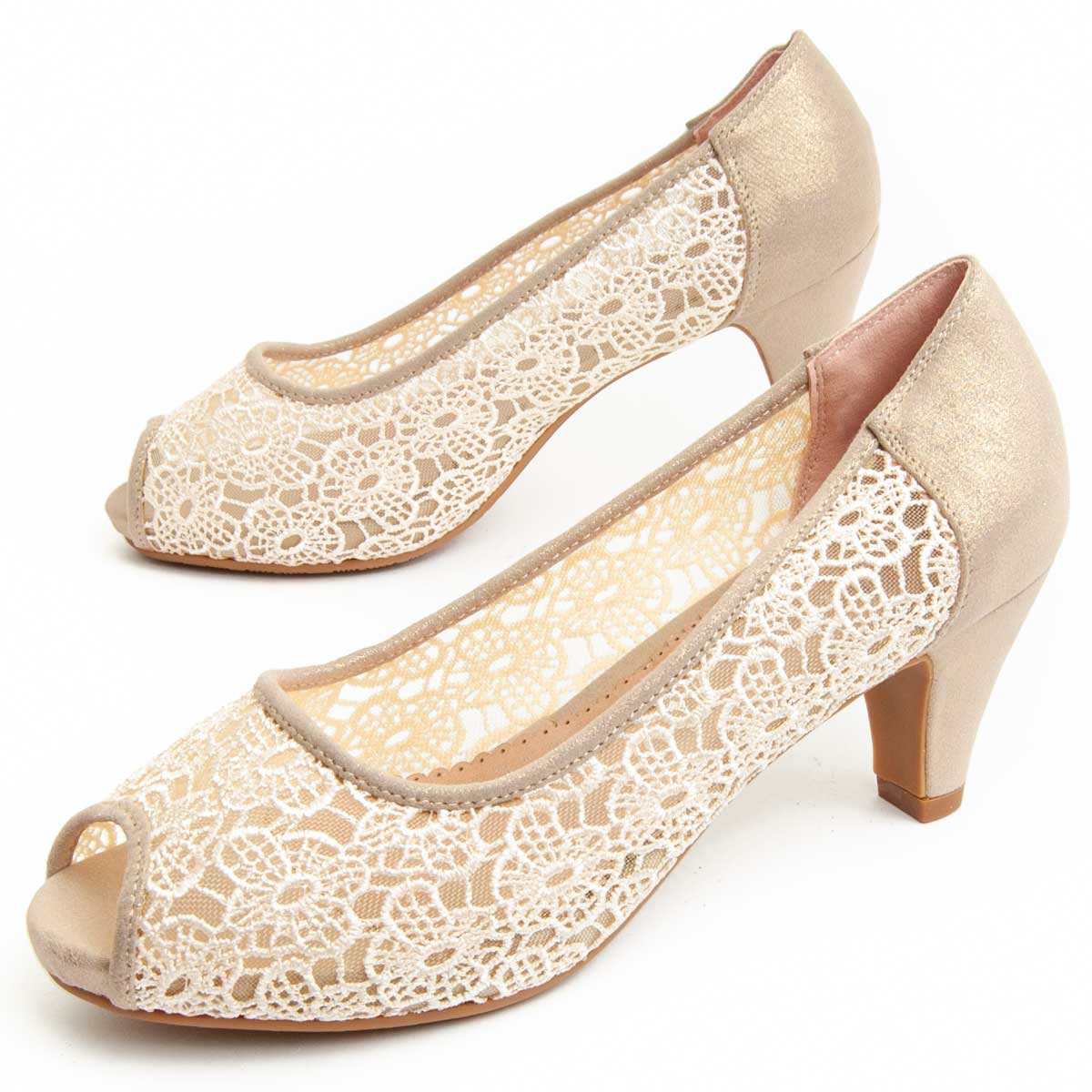 Peep-Toe-Pumps aus Spitze mit Metallic-Absatz