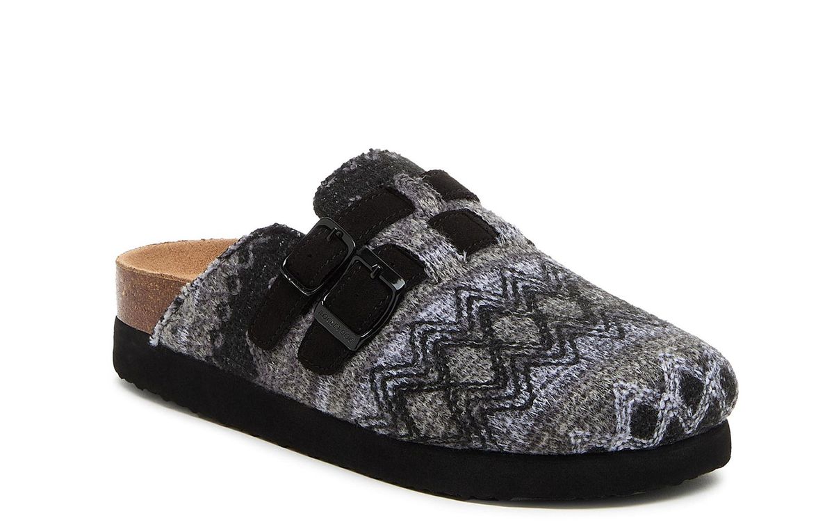Gemusterte Plateau-Mules mit Schnallen
