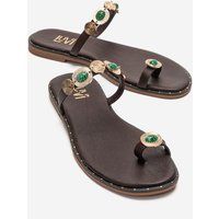 Kunstvolle Leder-Zehensteg-Sandalen mit Steinen