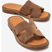 Minimalistische Wildleder-Pantoletten mit H-Riemen