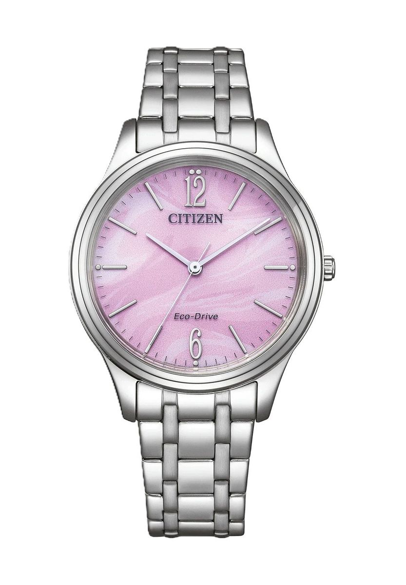 Elegante Eco-Drive Uhr mit pinkem Zifferblatt