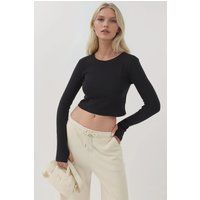 Elastisches Rundhals Langarm Crop Top