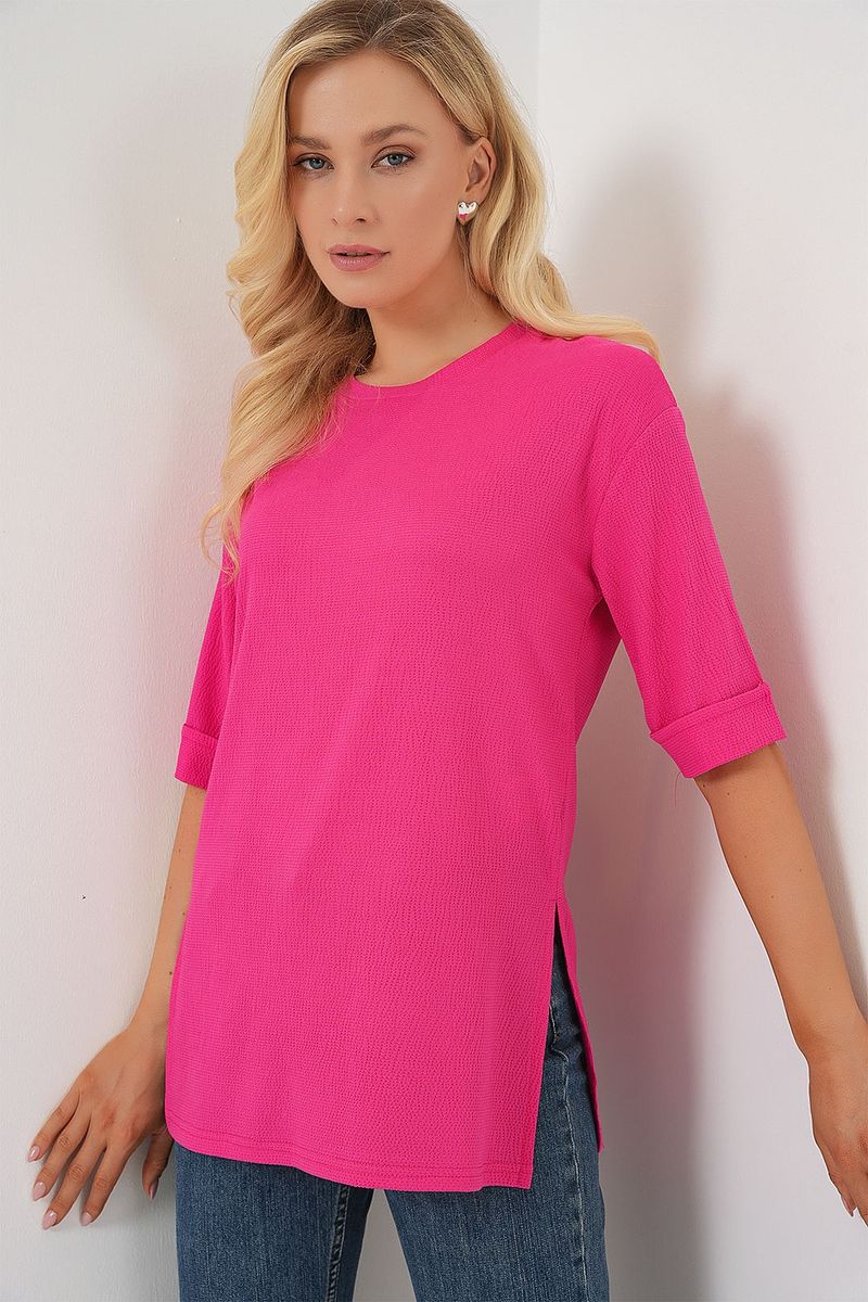 Strukturiertes Tunika-Shirt mit Seitenschlitzen