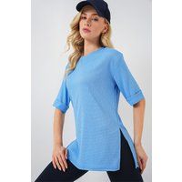 Strukturiertes Longline-T-Shirt mit Rundhalsausschnitt