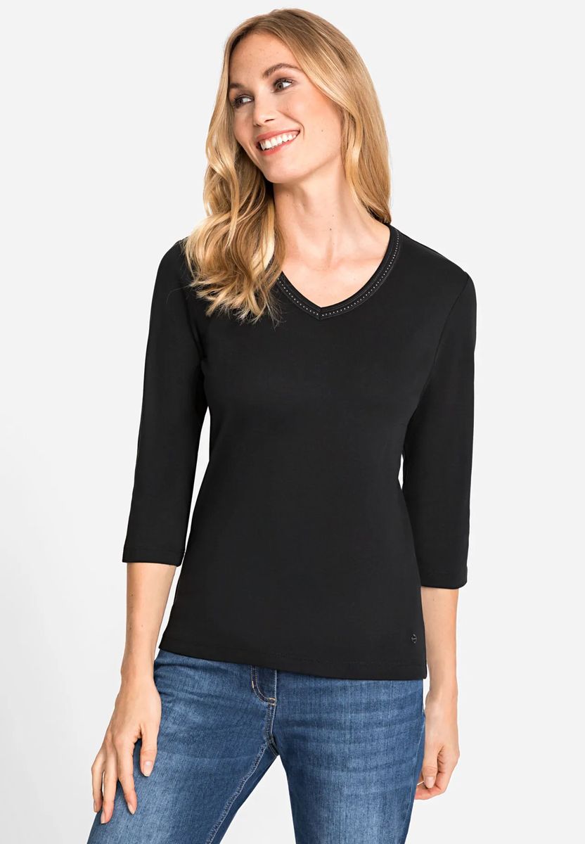 Baumwollshirt mit Strass-besetztem V-Ausschnitt