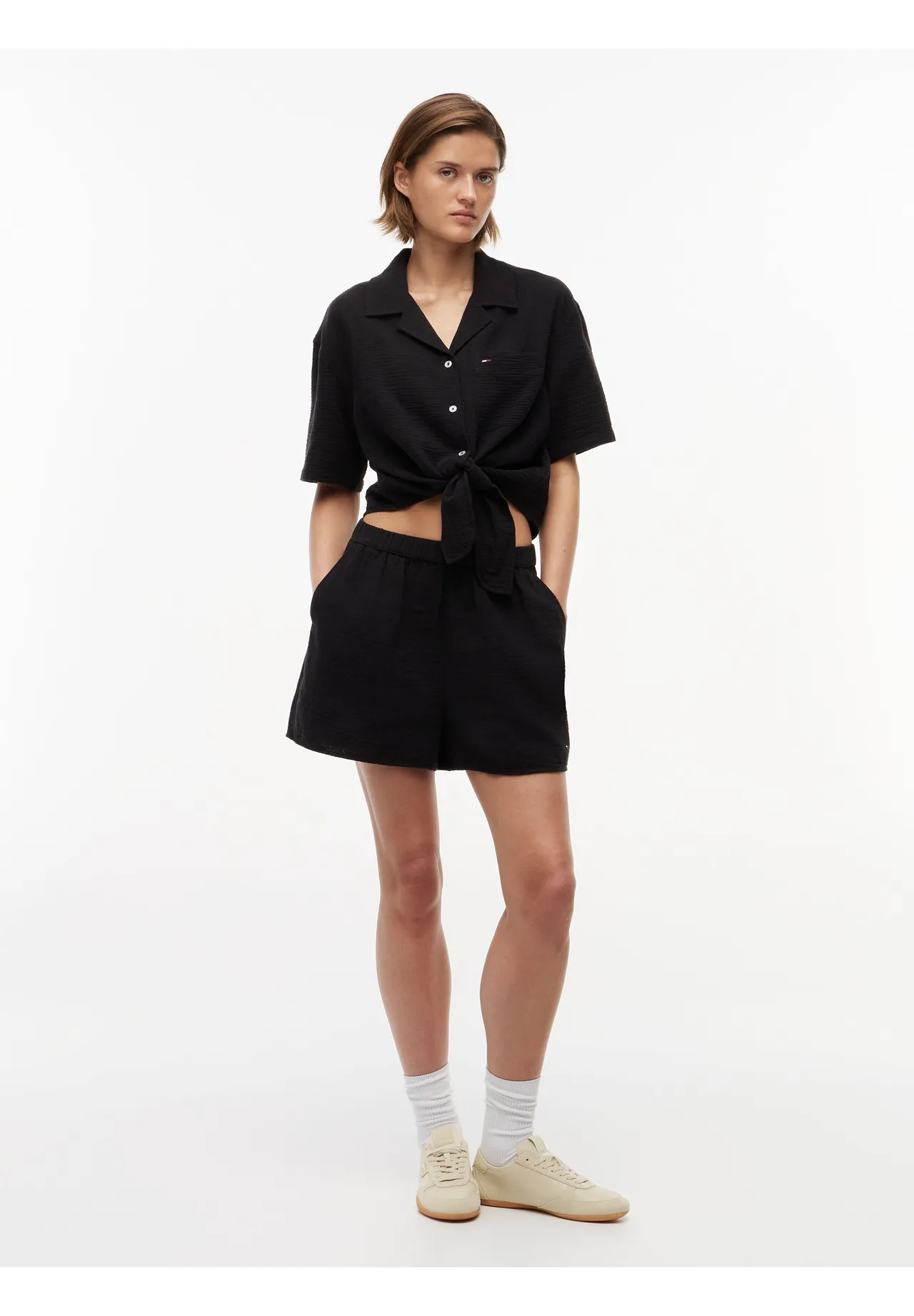 High-Waist Stoffshorts aus Strukturmaterial