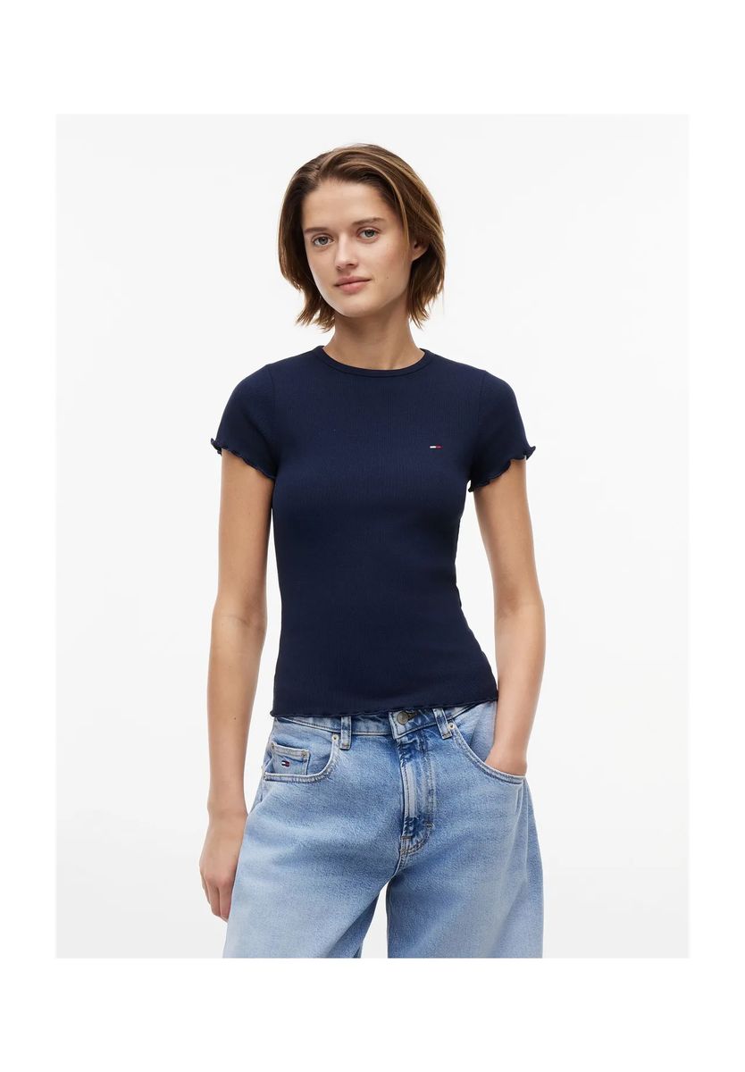 Geripptes T-Shirt mit Wellensaum