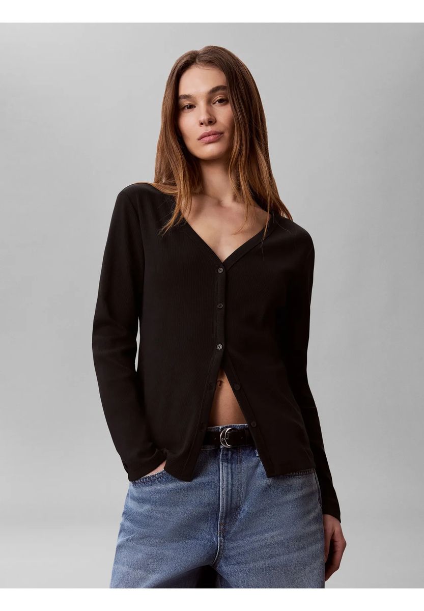 Langarmshirt mit Knopfleiste und Rippstruktur