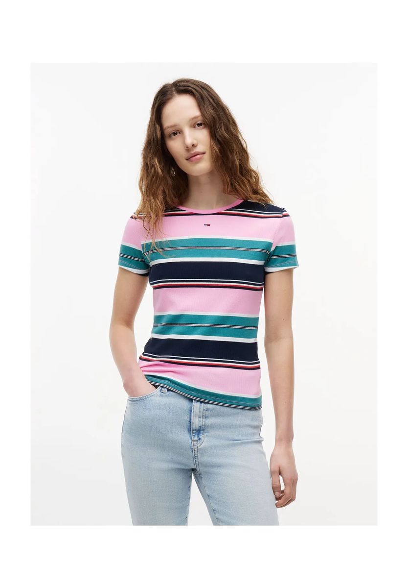 Mehrfarbig gestreiftes geripptes T-Shirt