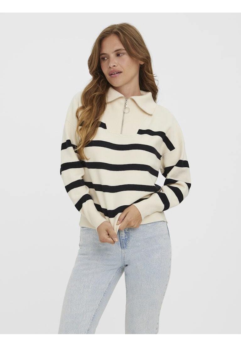 Gestreifter Strickpullover mit Halbreißverschluss