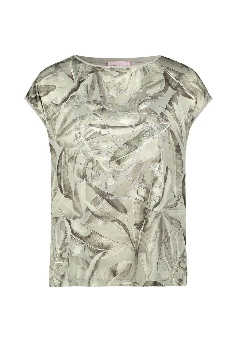 Blusenshirt mit tropischem Blätterdruck und Strass