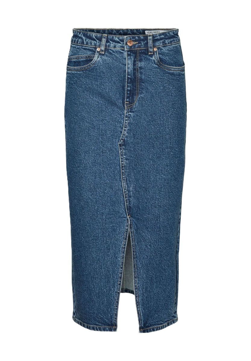 High-Waist Denim-Midirock mit Schlitz