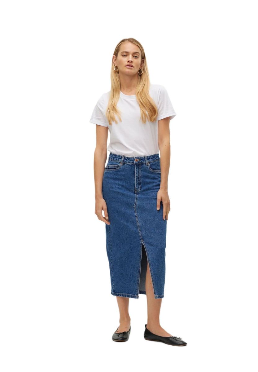 High-Waist Denim-Midirock mit Schlitz