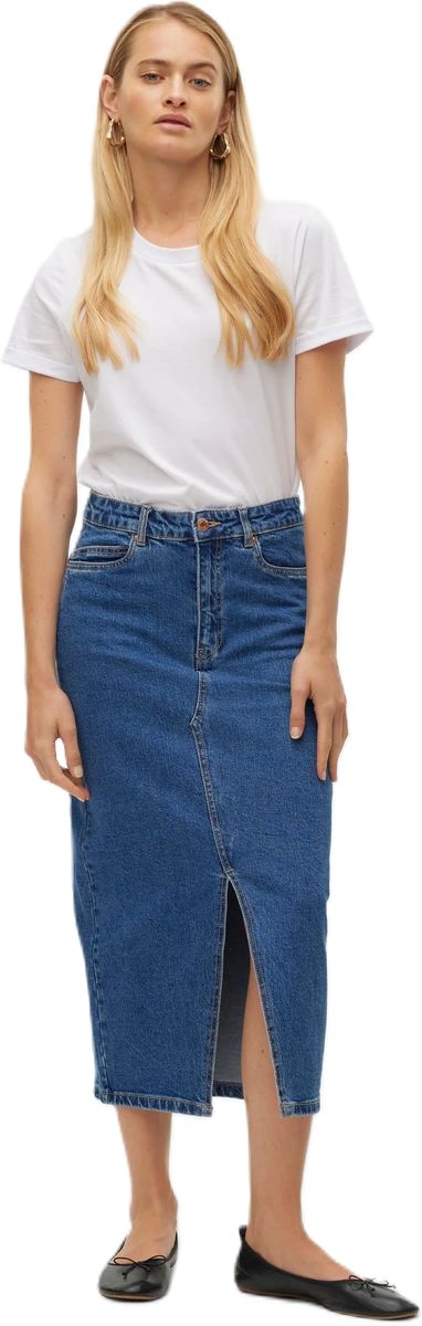 High-Waist Denim-Midirock mit Schlitz