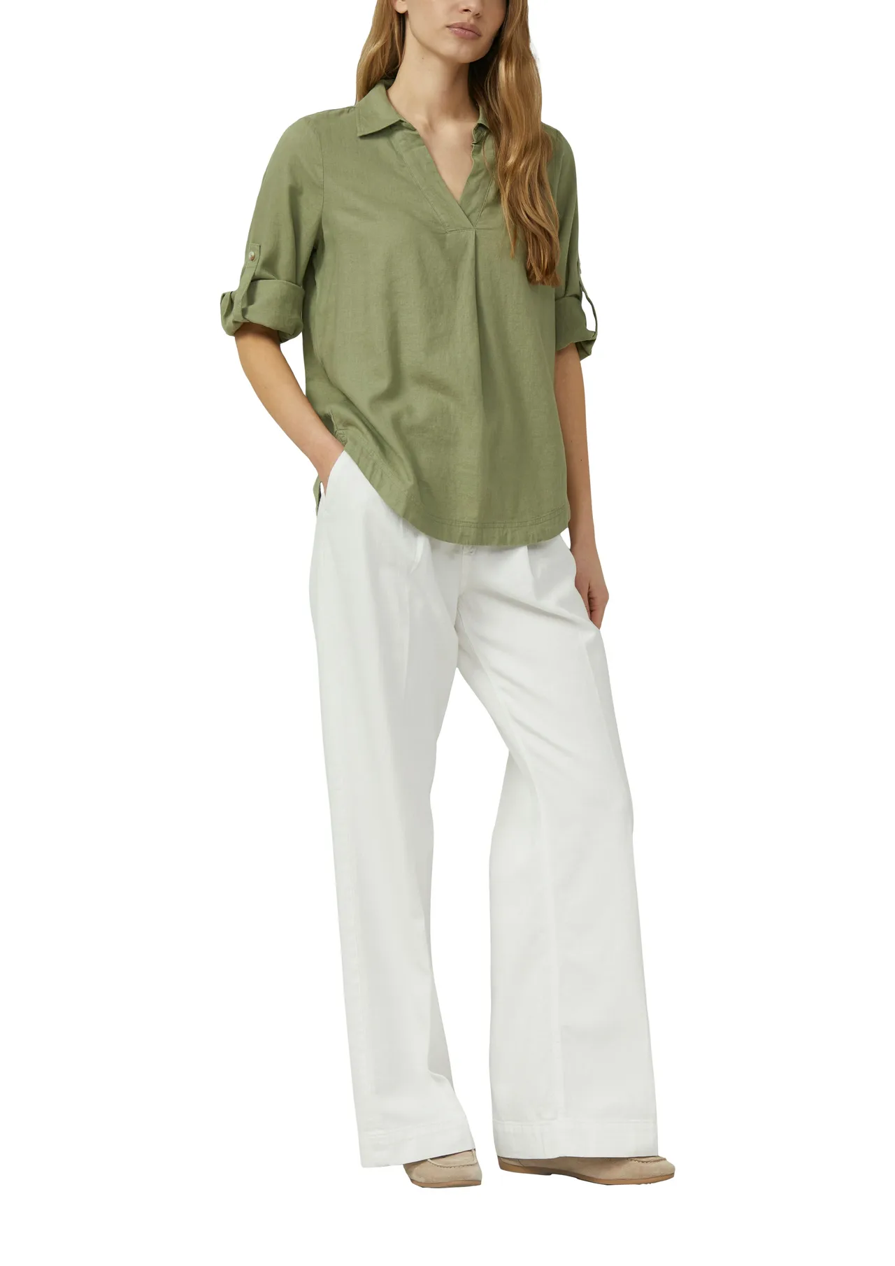 V-Ausschnitt Bluse aus Leinen-Mix