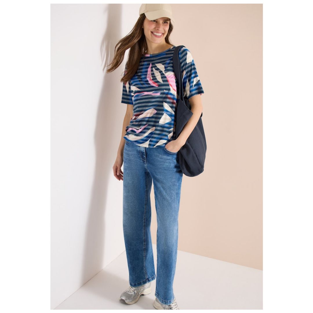 T-Shirt mit abstraktem Print und U-Boot-Ausschnitt
