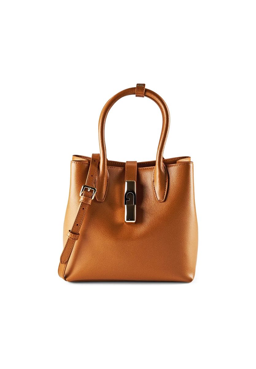 Strukturierte Lederhandtasche mit Goldschließe