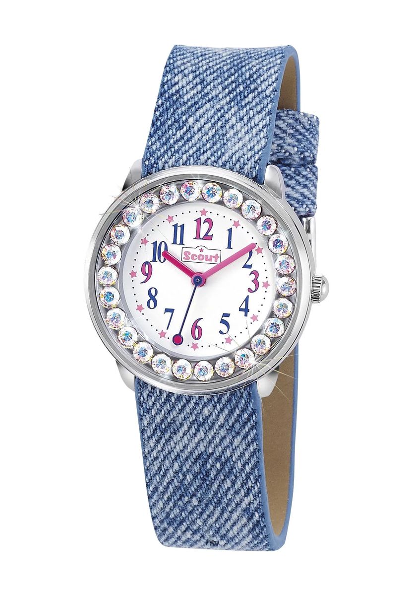Kinderuhr mit Jeansarmband und Glitzersteinen