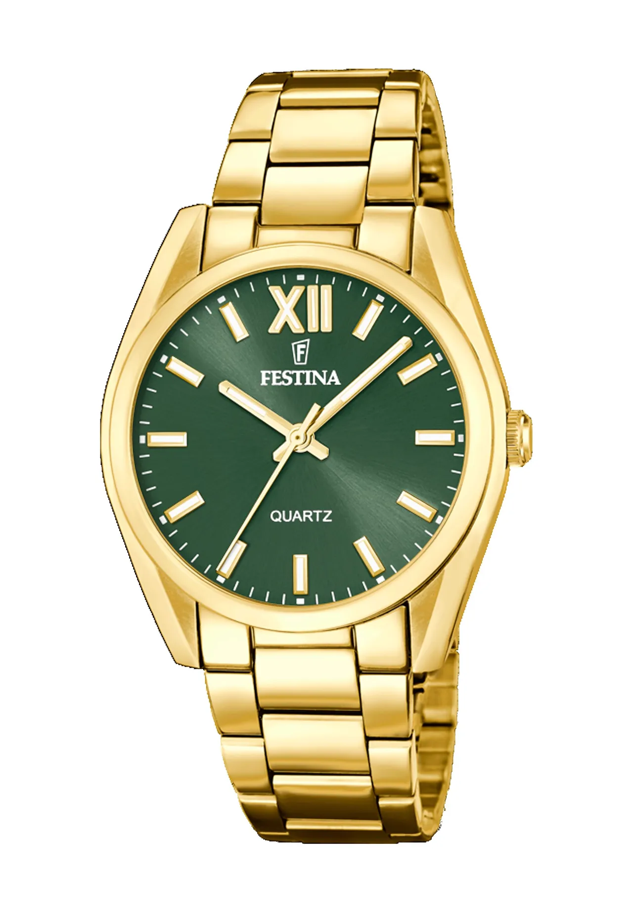 Klassische goldfarbene Armbanduhr mit grünem Zifferblatt