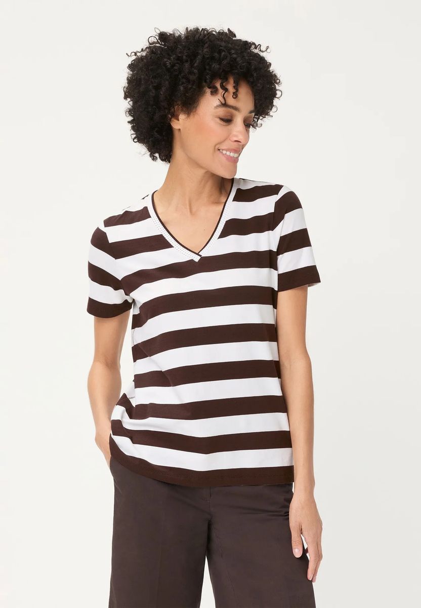 Gestreiftes V-Neck Baumwoll-T-Shirt