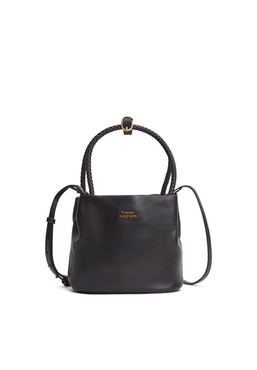 Leder-Beuteltasche mit geflochtenem Henkel
