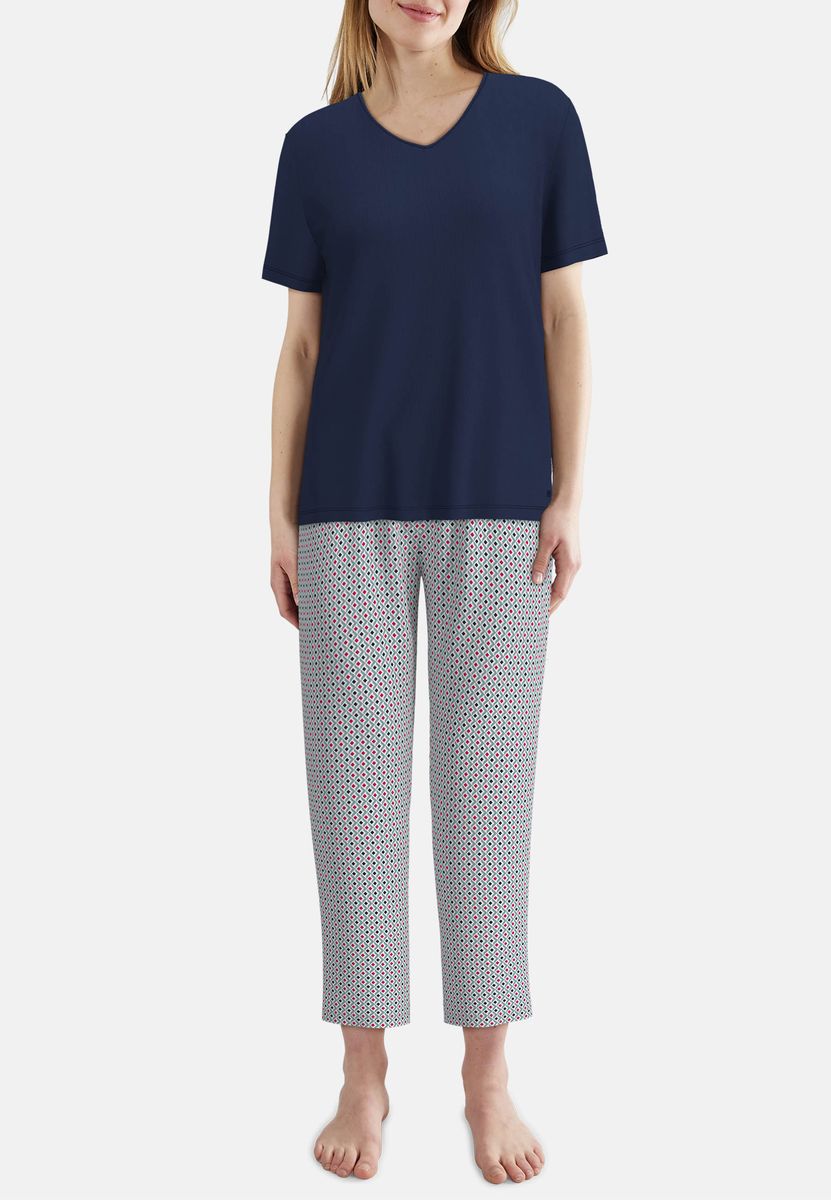 Schlafanzug-Set mit V-Ausschnitt und Muster-Hose