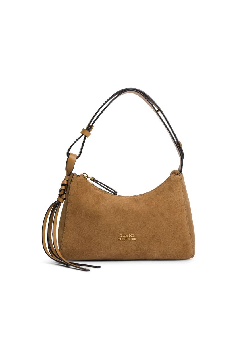 Wildleder-Schultertasche in Halbmondform mit Troddel