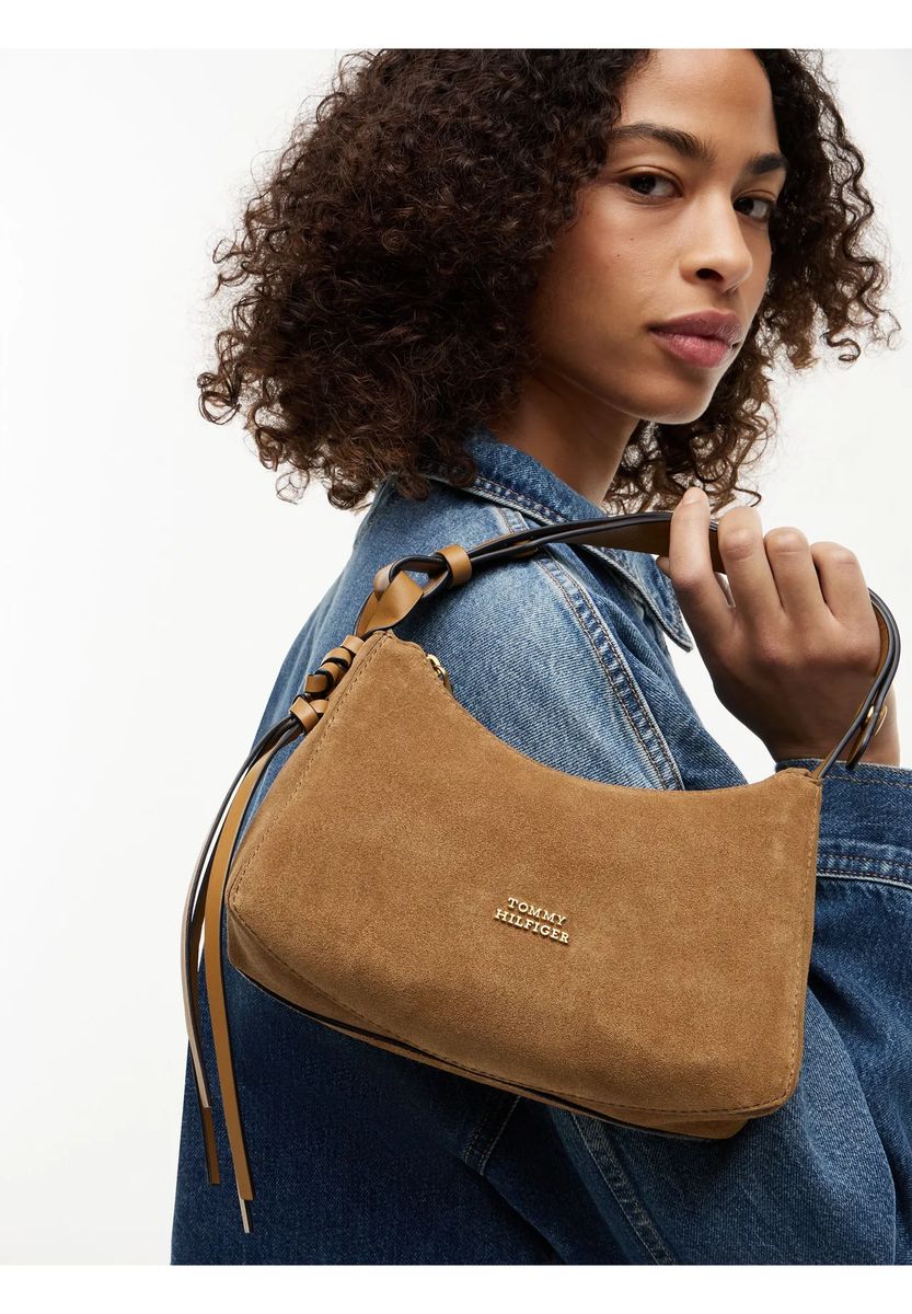 Wildleder-Schultertasche in Halbmondform mit Troddel