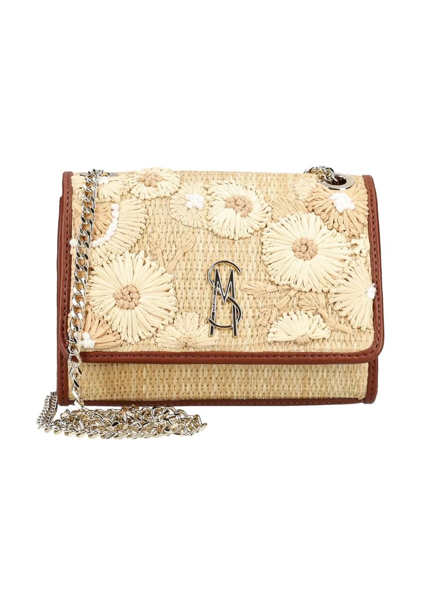 Raffia-Umhängetasche mit floralen Details
