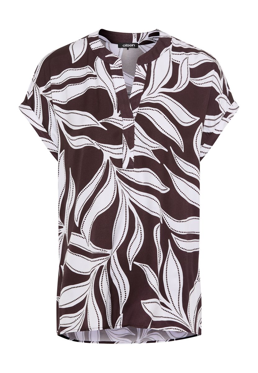 Fließende Blätterprint-Bluse mit Schlitz-Ausschnitt