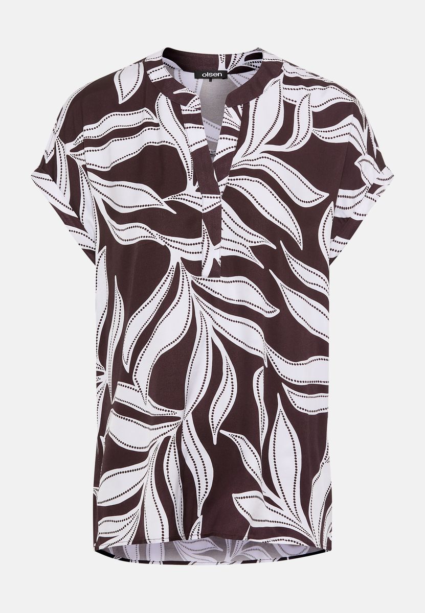Fließende Blätterprint-Bluse mit Schlitz-Ausschnitt