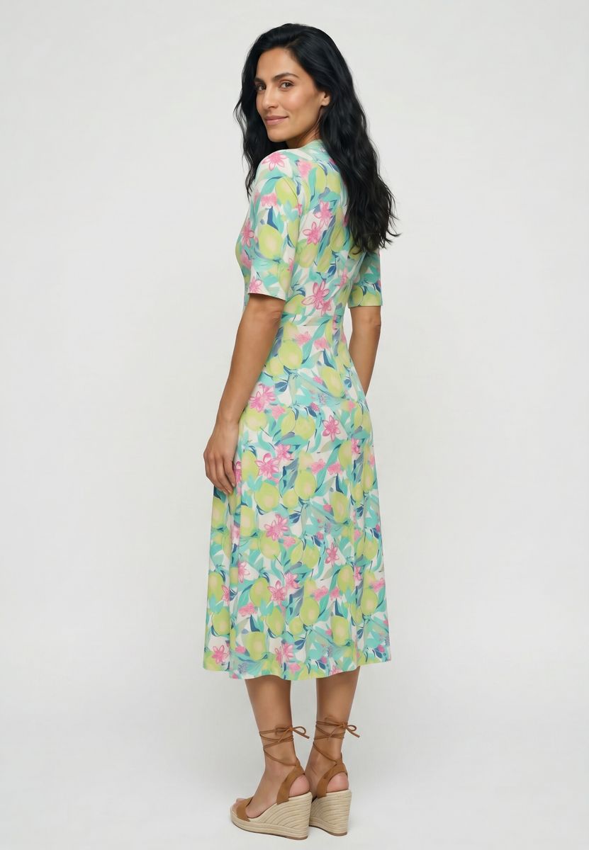 Midikleid mit Blumen- und Zitronenmuster