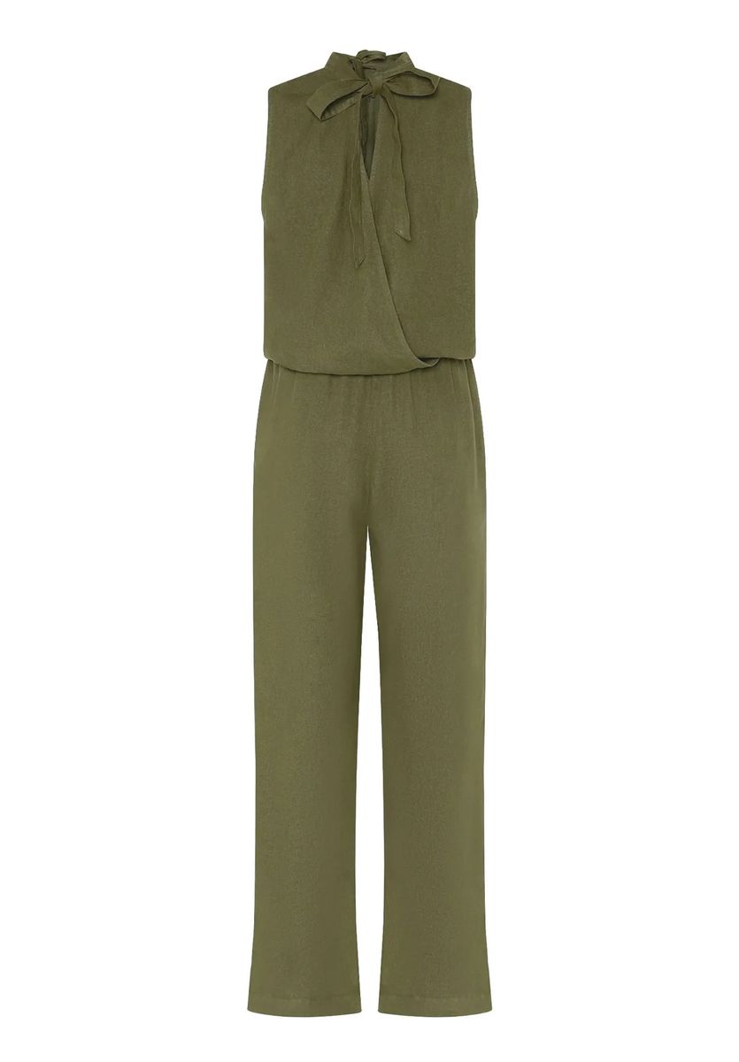 Ärmelloser Jumpsuit mit Stehkragen und Schleife