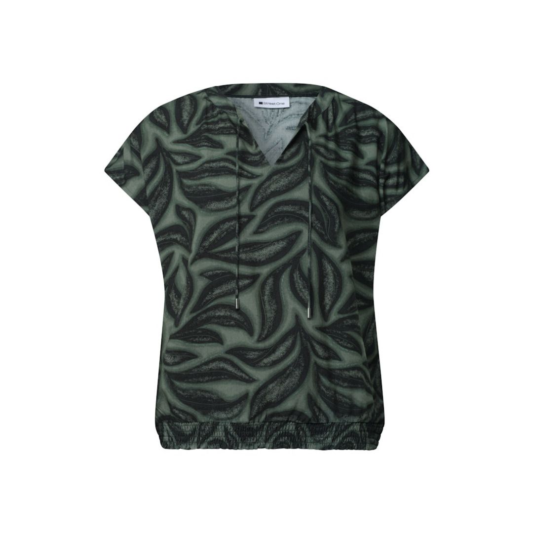 Blusenshirt mit Blattmuster und Smoksaum