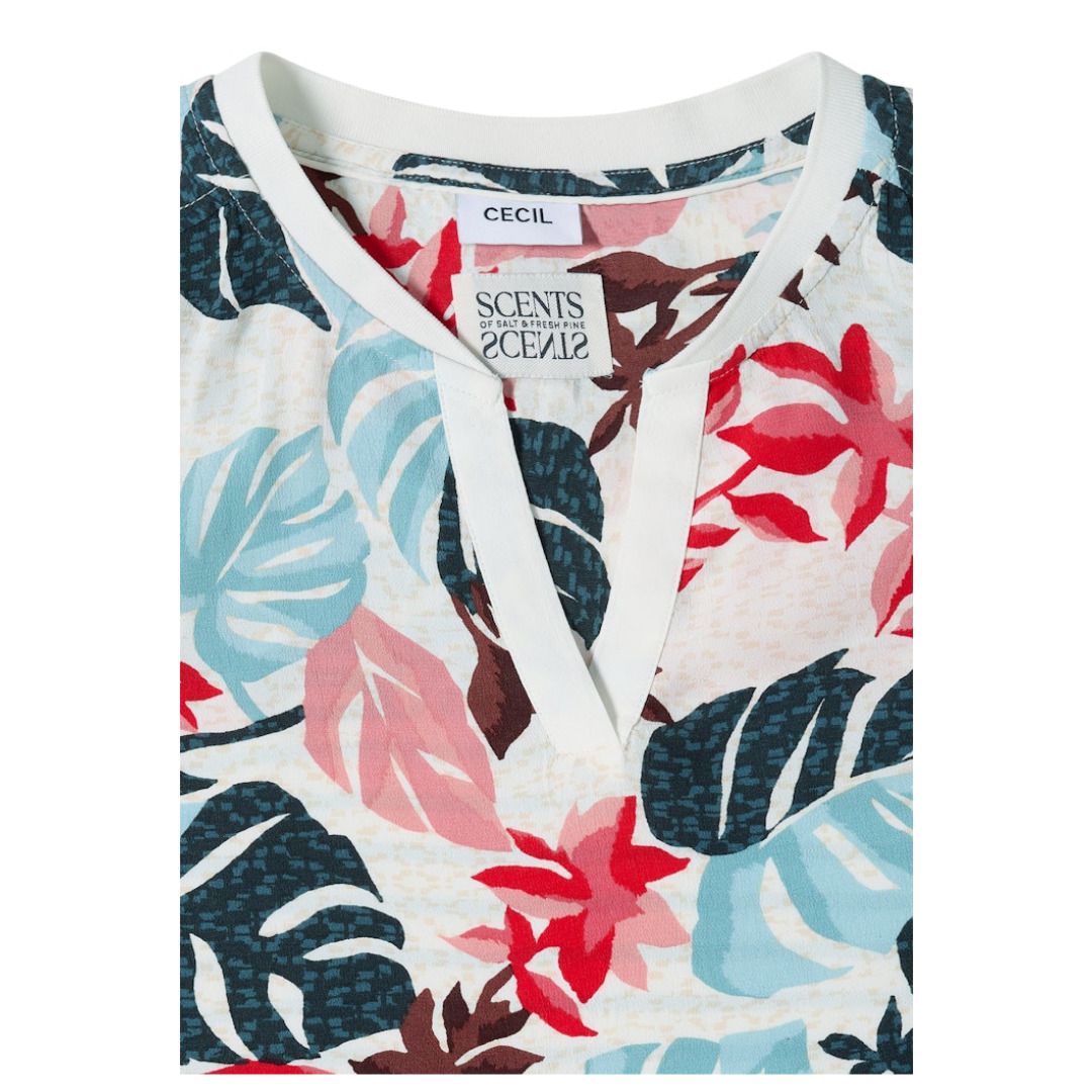Tropische Bluse mit Split-Neck