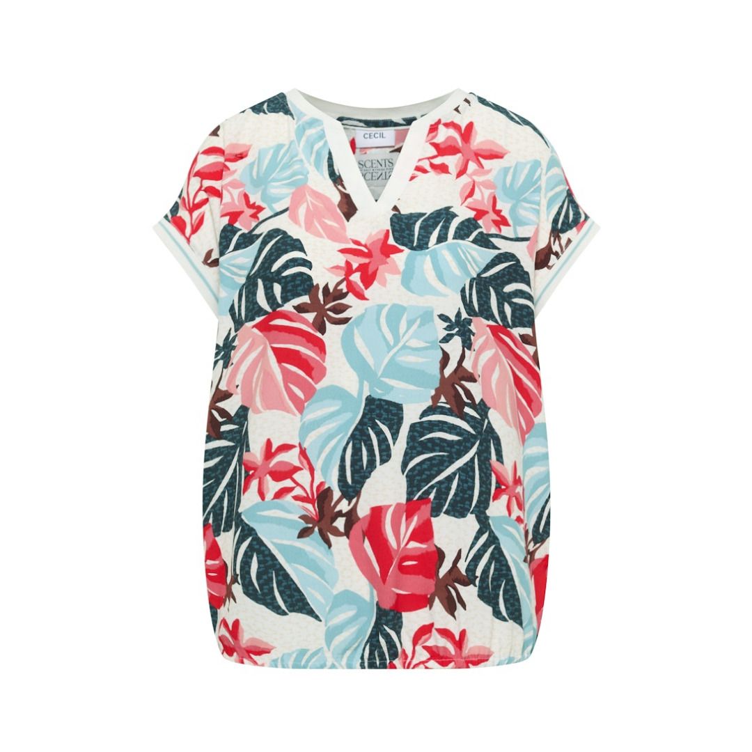 Tropische Bluse mit Split-Neck