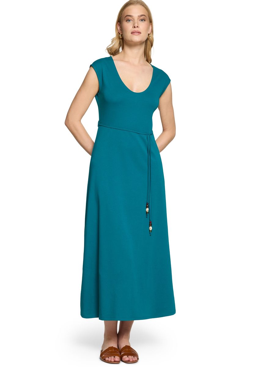 Fließendes Maxikleid mit Kappärmeln und Perlen-Bindegürtel