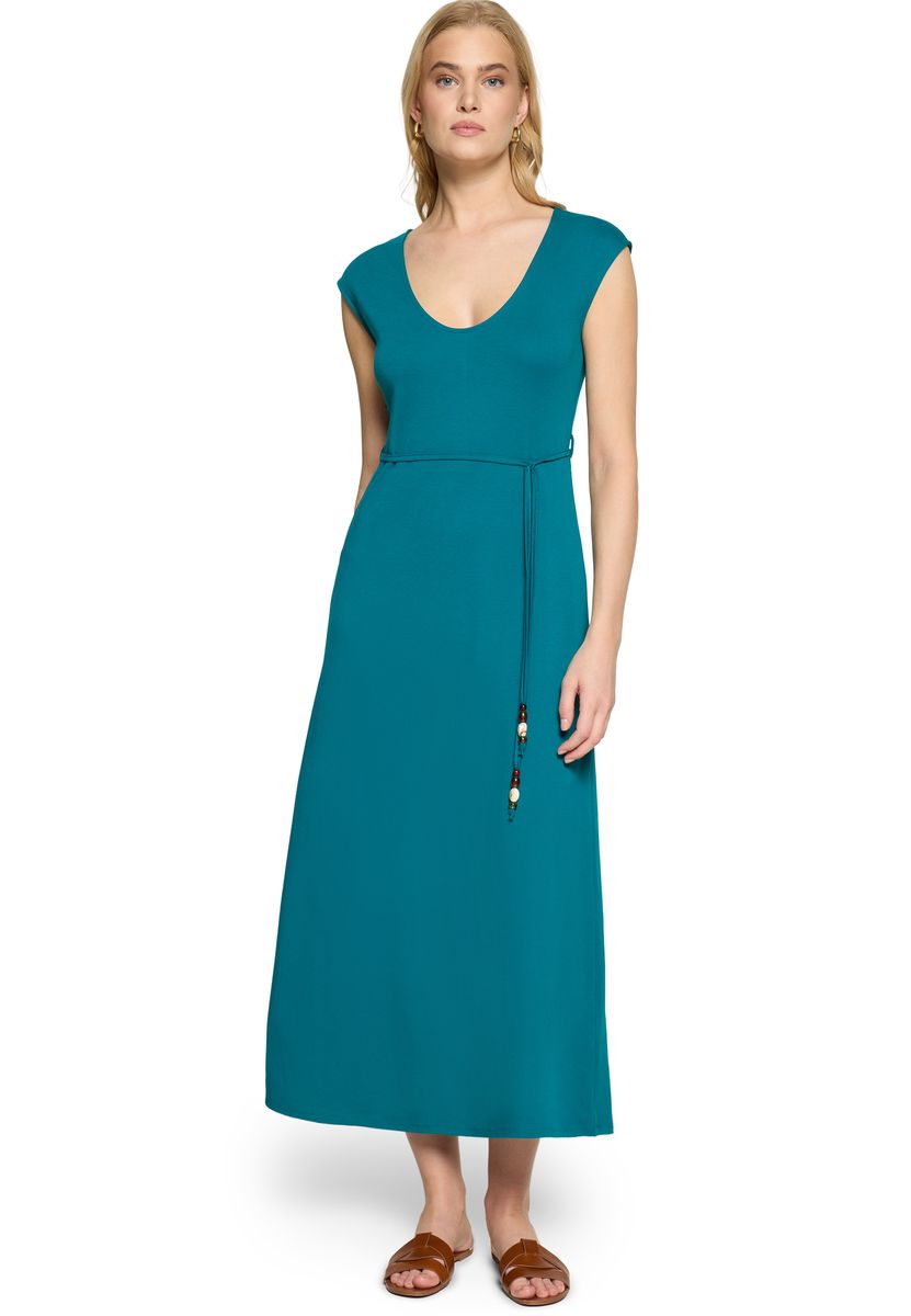 Fließendes Maxikleid mit Kappärmeln und Perlen-Bindegürtel