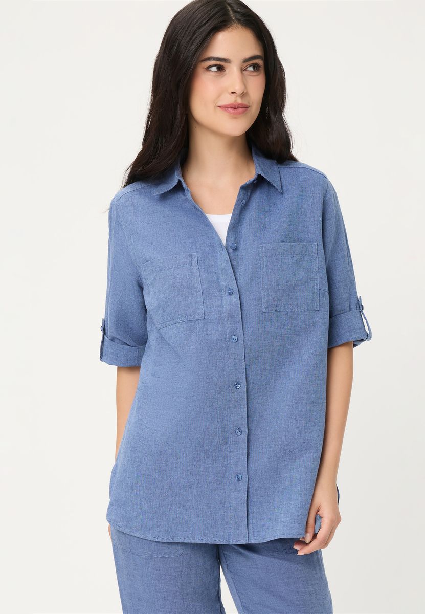 Kurzarm-Hemdbluse aus Leinen-Baumwoll-Mix