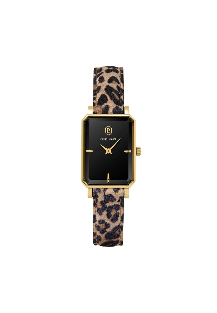 Goldene rechteckige Armbanduhr mit Leopardenmuster