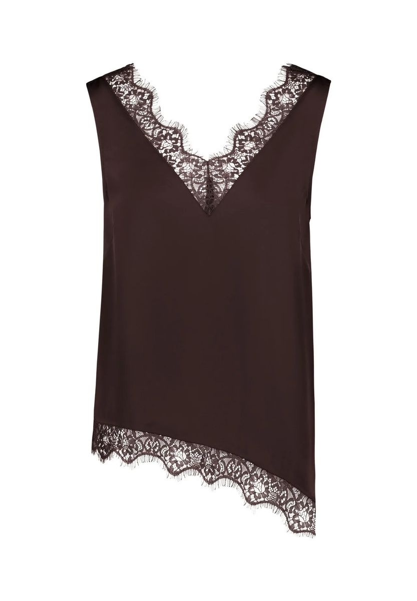 Satinbluse mit Spitzenbesatz und asymmetrischem Saum