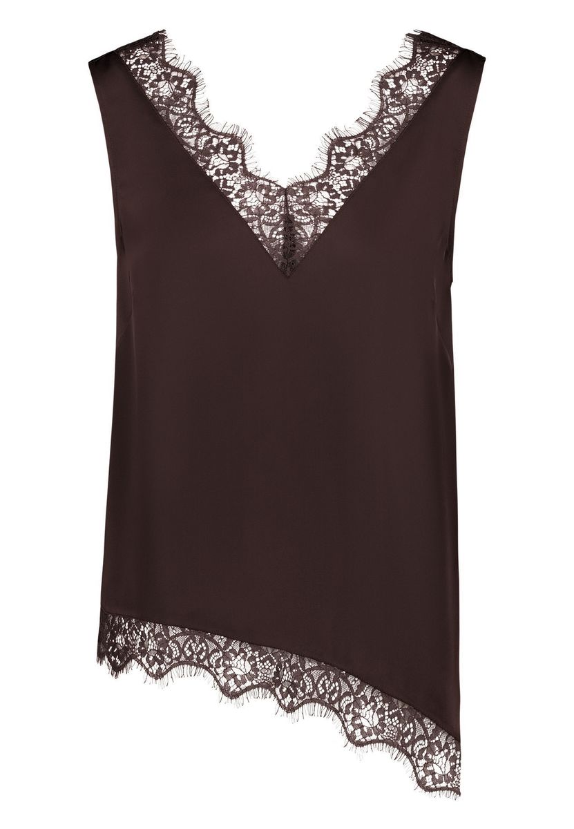 Satinbluse mit Spitzenbesatz und asymmetrischem Saum