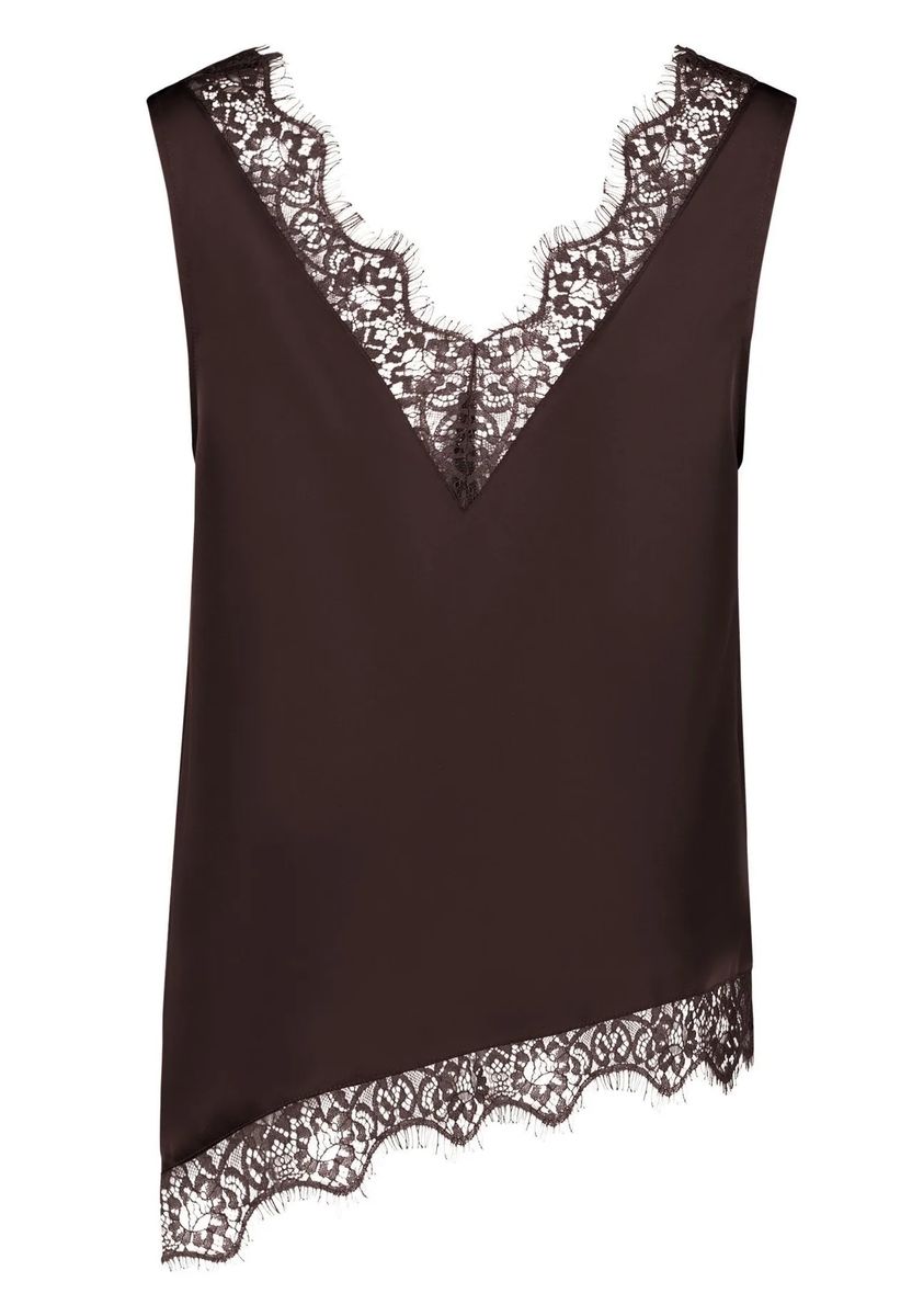 Satinbluse mit Spitzenbesatz und asymmetrischem Saum