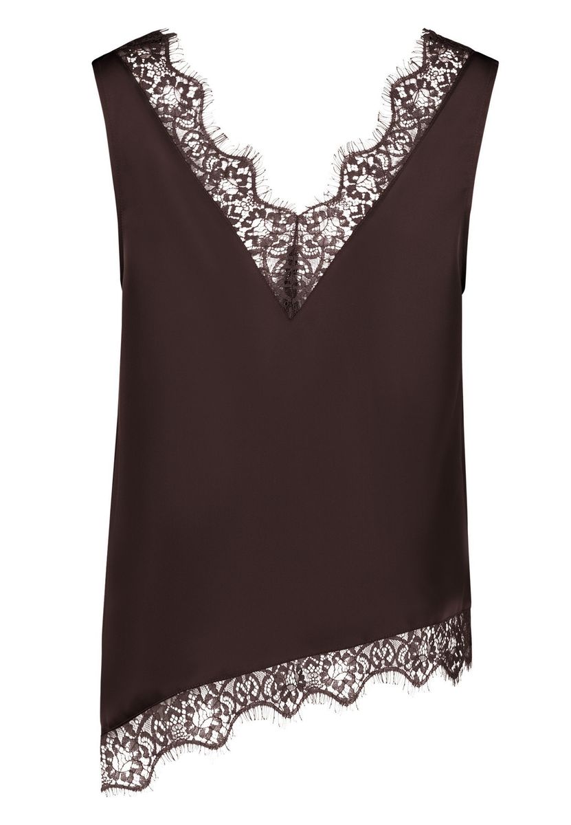 Satinbluse mit Spitzenbesatz und asymmetrischem Saum