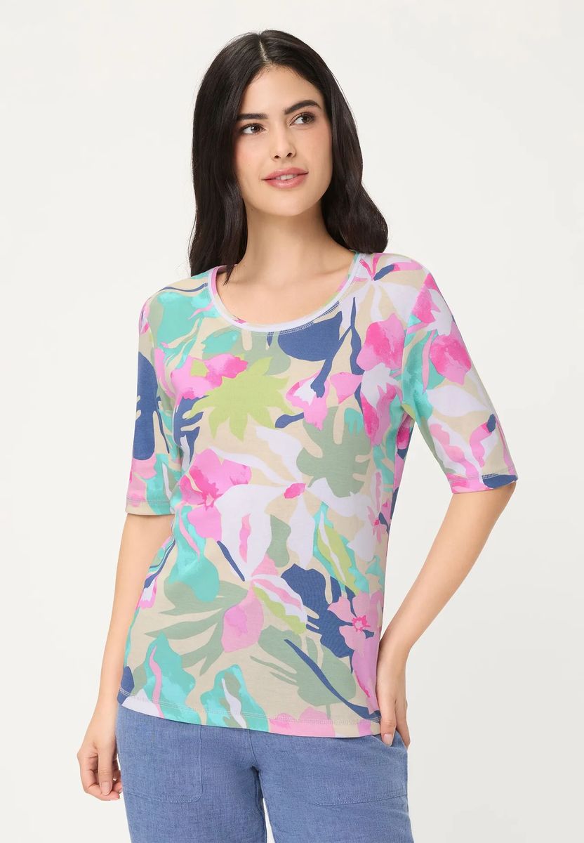 Baumwollshirt mit tropischem Print und Halbarm