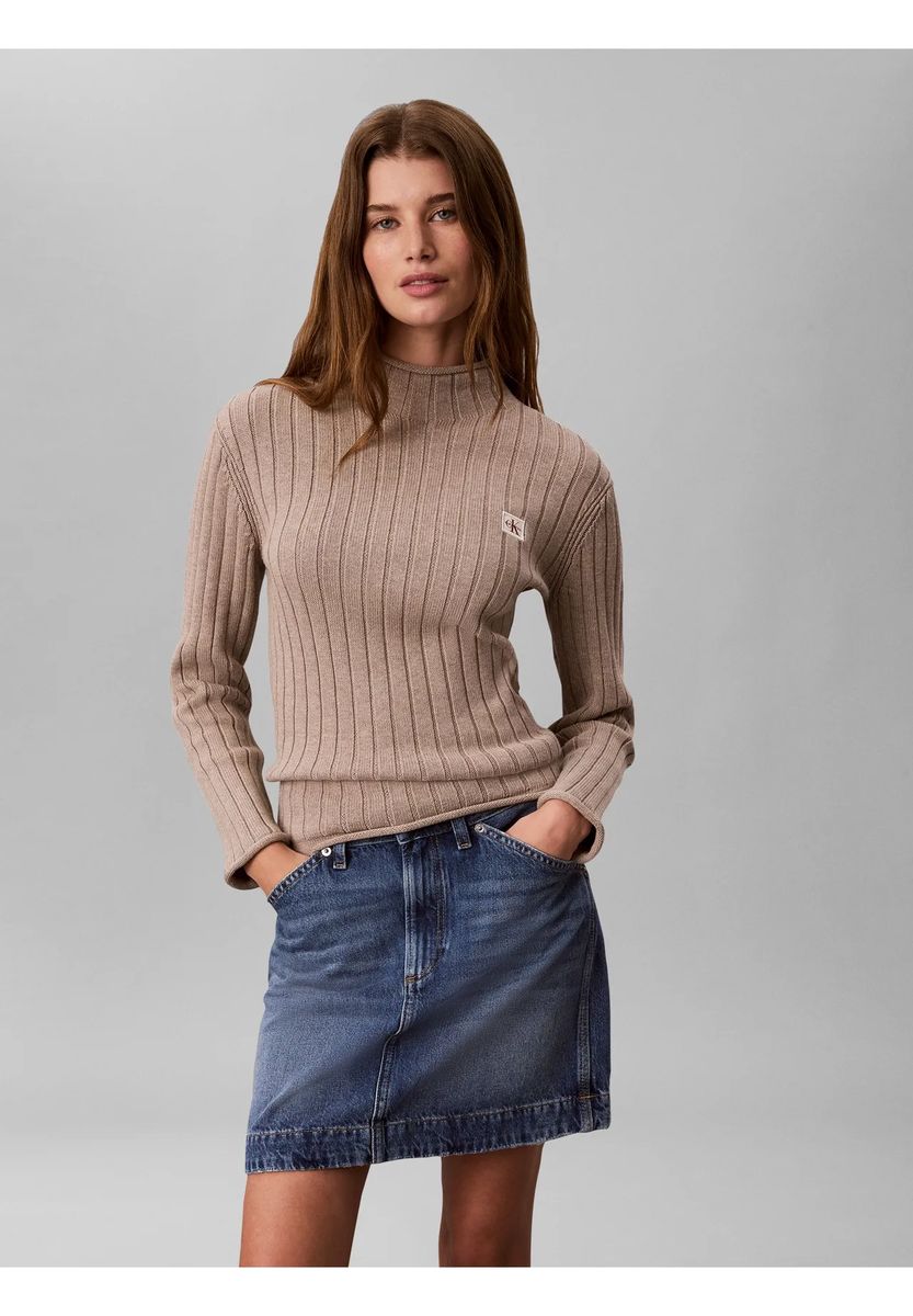 Gerippter Baumwoll-Pullover mit Stehkragen