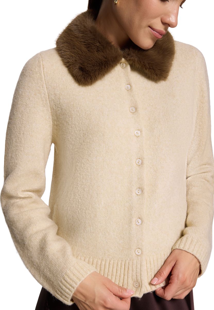 Strick-Cardigan mit Pelzimitat-Kragen