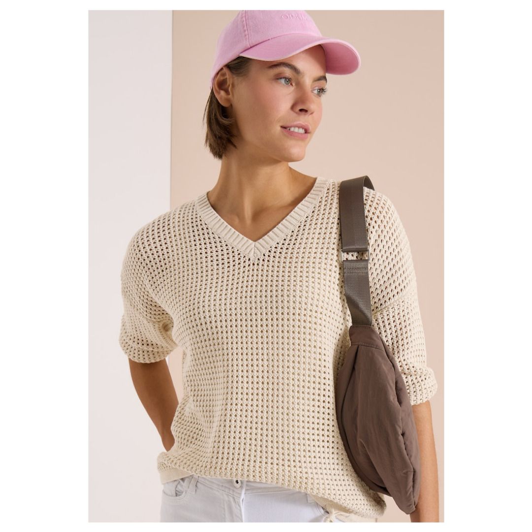 V-Ausschnitt Pullover in Häkeloptik