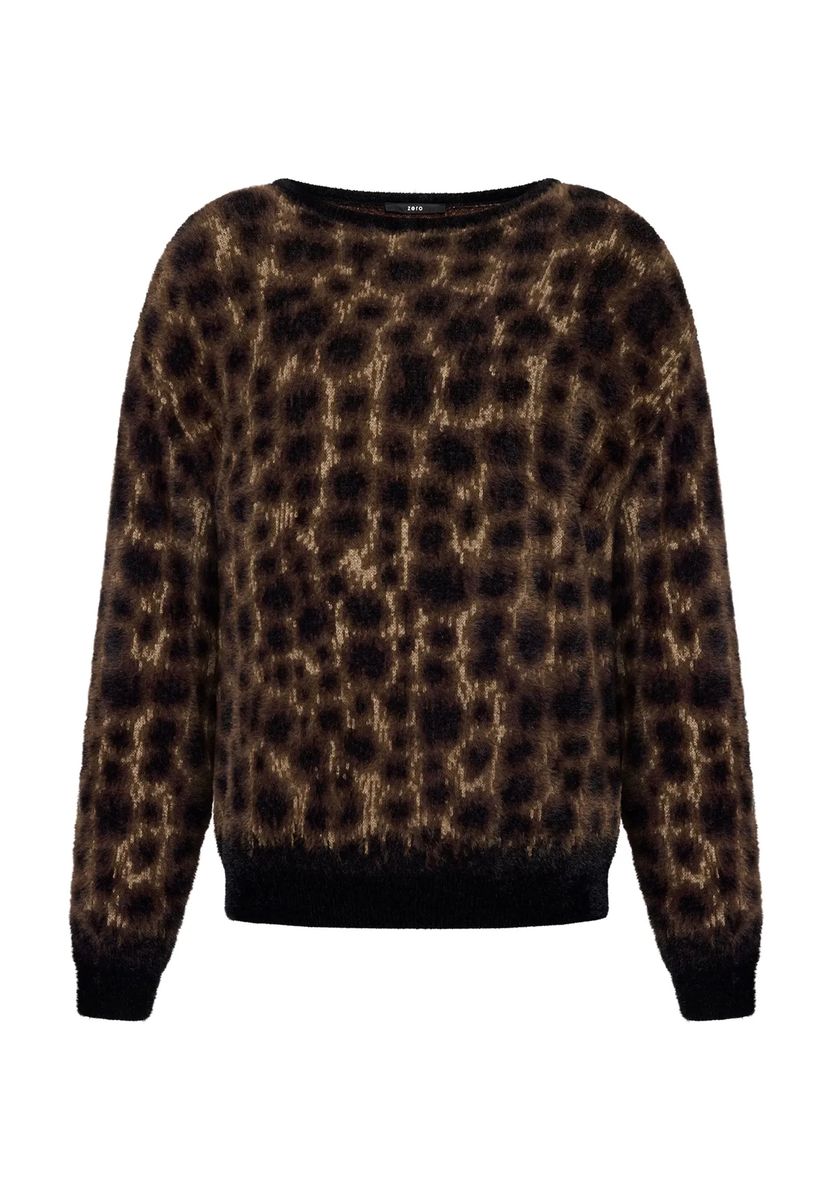 Flauschiger Leopard-Pullover mit U-Boot-Ausschnitt