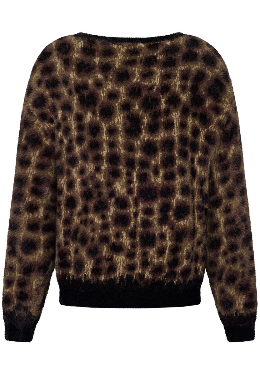 Flauschiger Leopard-Pullover mit U-Boot-Ausschnitt